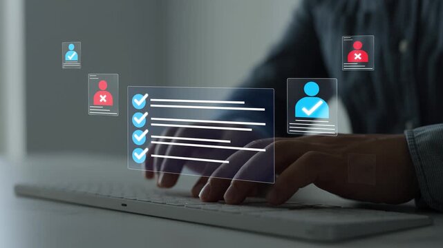 Employee survey and assessment concept with completed checklist, online test questions and HR management workflow.	
