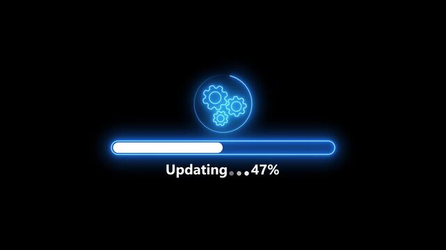Glowing neon operating system upgrade concept, software updating and process, loading,processing,downloading,installing,update modern functions, Setting updating icon animation .