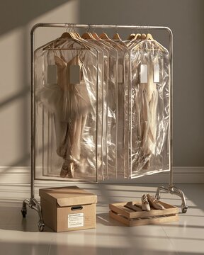 Dance Costume Inventory Rack with Garment Bags and Ballet Shoes in Studio