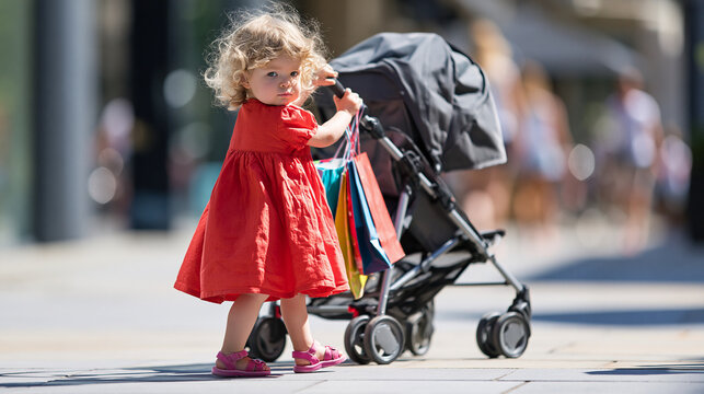 A young toddler girl in a red dress pushing a doll stroller with shopping bags on a city sidewalk.