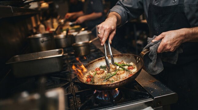 Close Up of Chef Hands Stir Frying Vegetables with Dramatic Flame Effect