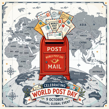 Red mailbox world map illustration for World Post Day.