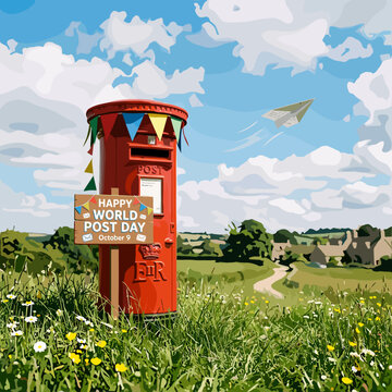 Red post box in scenic rural meadow.