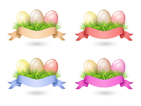 Easter eggs in grass with colorful ribbons on transparent background