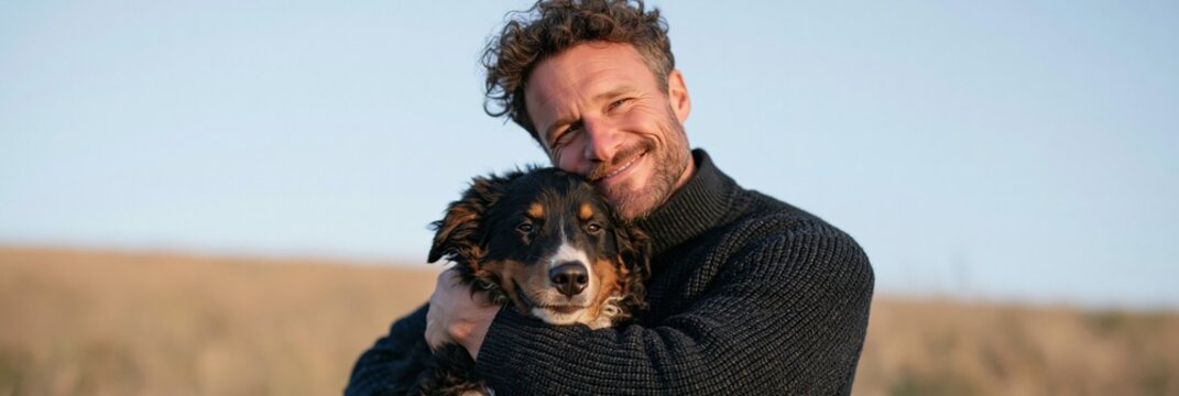 Wide panoramic portrait of man embracing dog in grassy field for warm lifestyle banner and serene background use