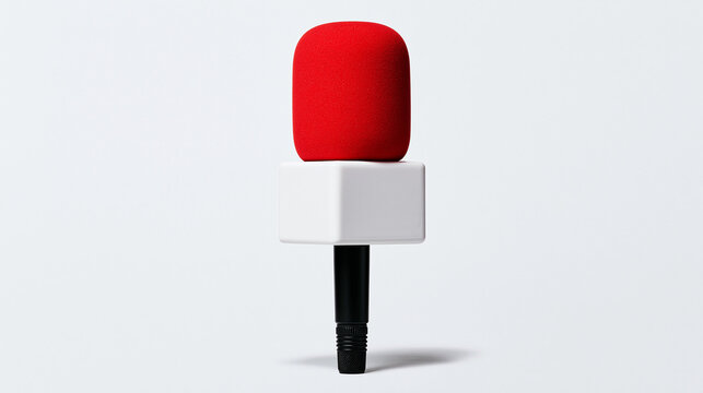 A reporter microphone with a red windscreen and a blank white cube flag isolated on a grey background.