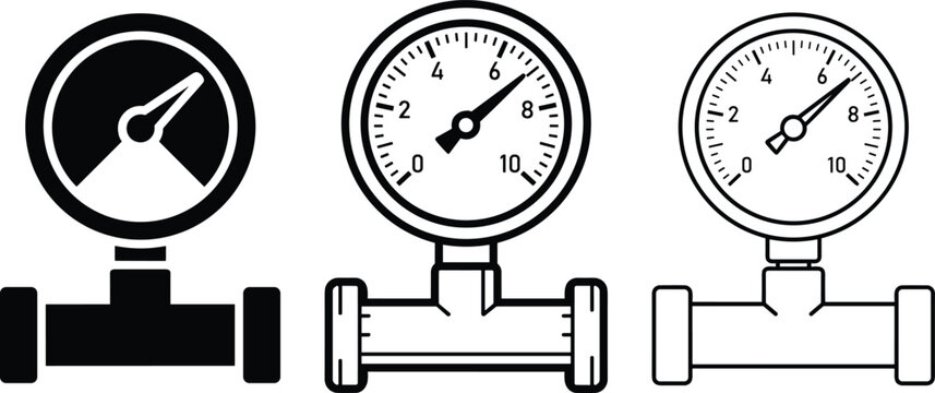 Set of three pressure gauge featuring round dials with needles and pipe fittings in solid black and outline styles on white background