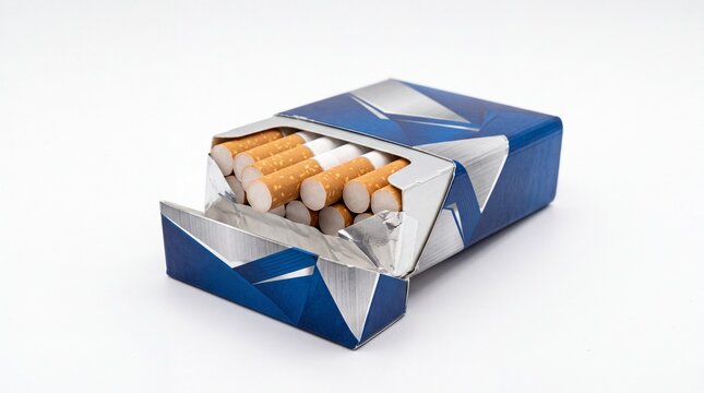 Open blue cigarette pack featuring silver foil details with multiple brown filter cigarettes inside displayed neatly on white background