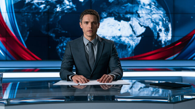 A male news anchor presenting at a desk in a television studio with a world map background.