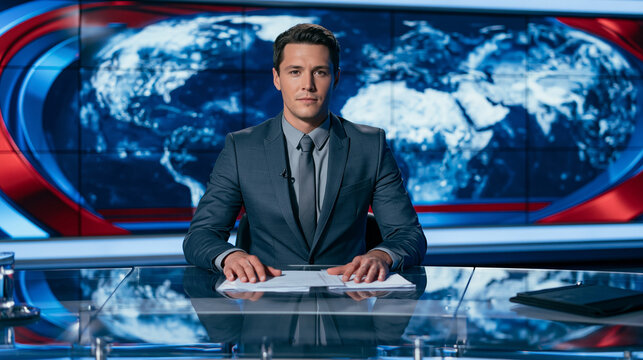 A male news anchor presenting at a desk in a television studio with a world map background.