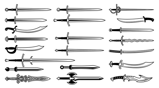 Collection of antique medieval swords and blades