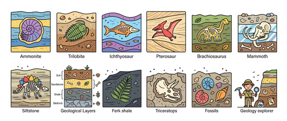 Dinosaur and Fossil Illustrations with Geological Layers © noval