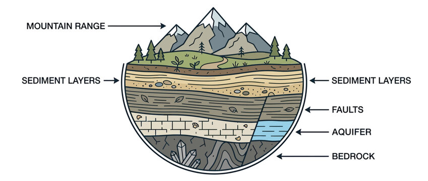 Cross-section of Earth showing geological layers and mountain landscape