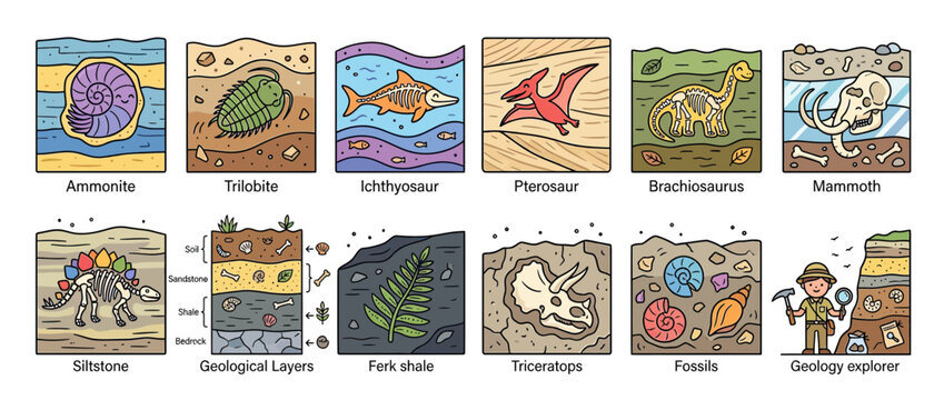 Dinosaur and Fossil Illustrations with Geological Layers