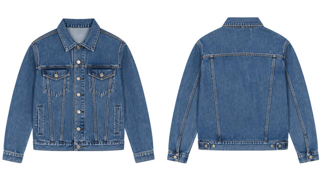 Blue denim jacket in front and back view, mockup isolated on transparent background