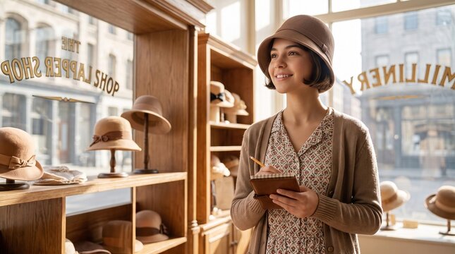 Retro 1920s Boutique Owner Writing on Notepad Inside Traditional Hat Store
