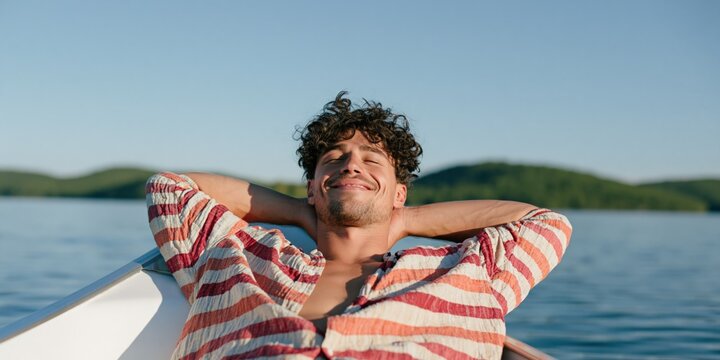 Young man relaxing on a boat at sunset on a calm lake wide banner background for summer lifestyle design