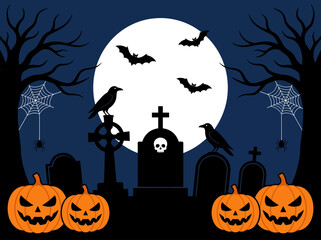 Fototapeta premium Spooky Halloween Graveyard Background with Jack-o-lanterns, Bats, and Full Moon Vector