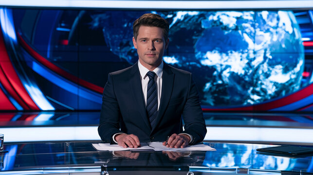 A male news anchor presenting at a desk in a television studio.