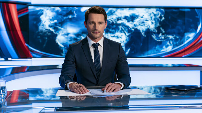 A male news anchor presenting at a desk in a television studio.