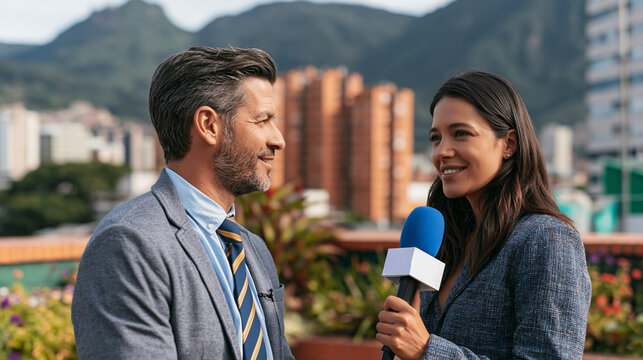 A female reporter interviewing a businessman outdoors with a city view.