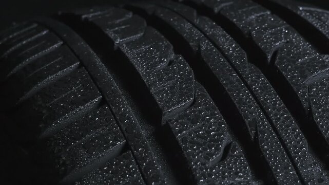 Rotation of a Wet Car Tire. Wet tire spinning on a black background close-up. It is covered with sparkling water drops