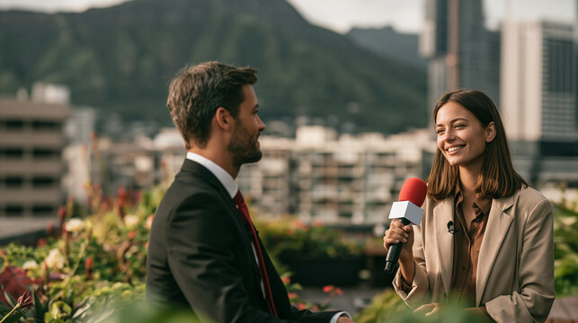A female reporter interviewing a businessman outdoors with a city view.