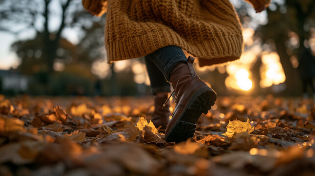 Person Walking on Autumn Leaves at Sunset