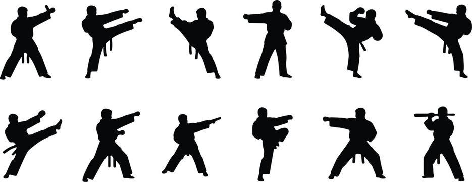 Black silhouette martial arts karate taekwondo icons, fighting kick punch stance training discipline vector illustration set, minimal artwork symbols