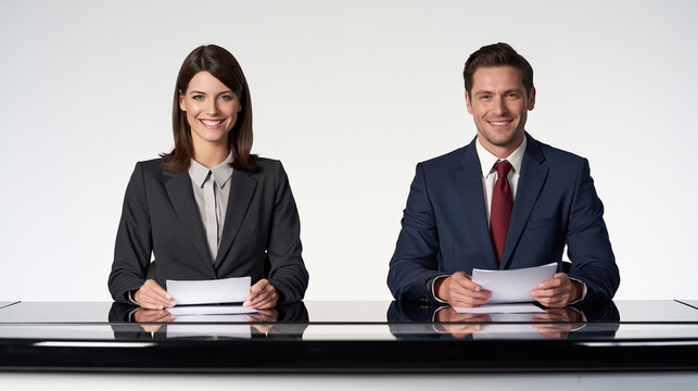A male and female news anchor presenting at a desk in a television studio.