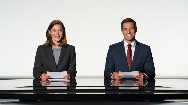 A male and a female news anchor presenting at a desk holding papers in a television studio with a white background.
