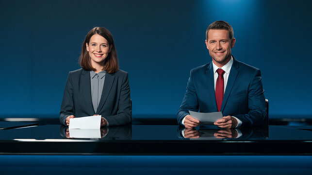 A male and a female news anchor presenting at a desk in a television studio with a blue background.