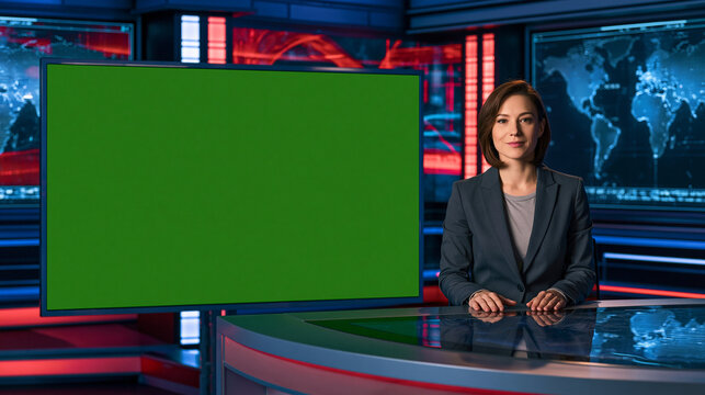 A female news anchor presenting at a desk in a television studio featuring a large green screen display and a world map background.