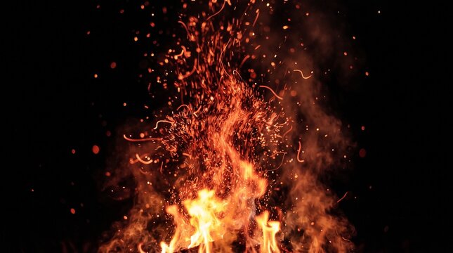 Dynamic Bonfire Flames with Flying Embers and Sparks Rising in the Dark Night
