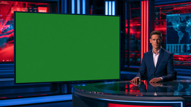 A male news anchor presenting at a desk in a television studio with a large screen displaying a green screen, and a world map in the background.