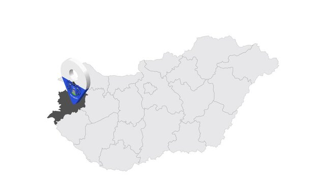 Location Vas County on map Hungary. 3d Vas emblem map marker location pin. Map of Hungary showing different parts. 4K.  Animated Video