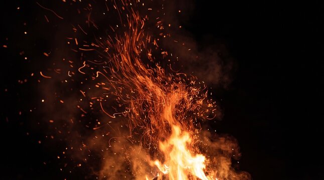 Dynamic Bonfire Flames with Flying Embers and Sparks Rising in the Dark Night