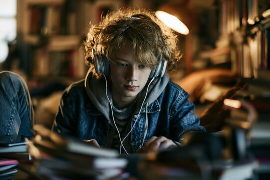 Teenage Boy Wearing Headphones Studying at Desk