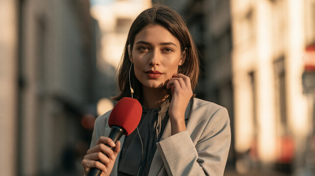 A professional female reporter holding a microphone and adjusting her earpiece while reporting live outdoors on a city street.