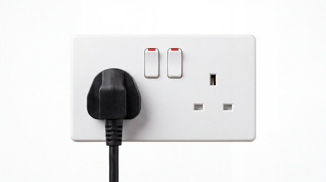 Modern electrical wall socket featuring black plug inserted into white plastic power outlet captured with soft studio lighting on white background