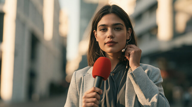 A professional female reporter holding a microphone and adjusting her earpiece while reporting live outdoors on a city street.