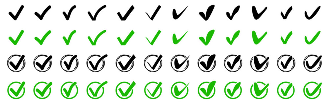 Check mark collection with black and green tick symbols in different hand drawn styles, including circular versions for approval and confirmation design
