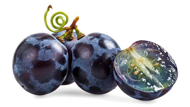 Vibrant fresh dark purple grapes with lush green tendril vine cut in half revealing juicy translucent flesh, perfect for healthy culinary and beverage marketing designs.