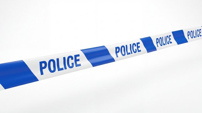 Blue and white police barrier tape marking a restricted crime scene area captured in bright studio lighting on white background