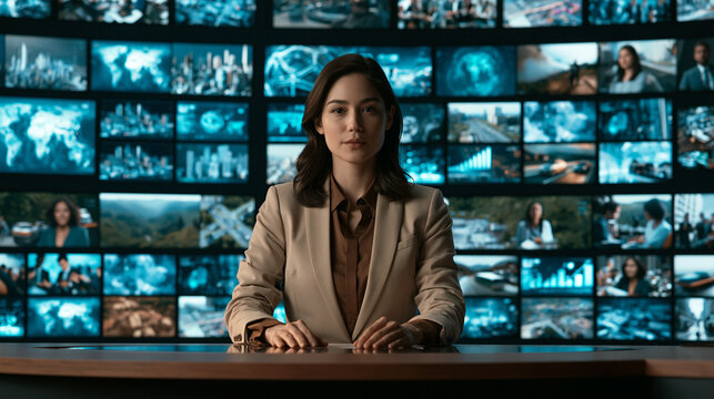 A professional female news anchor presenting at a desk in a television studio with a large video wall background.