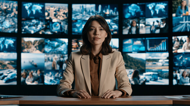 A professional female news anchor presenting at a desk in a television studio with a large video wall background.