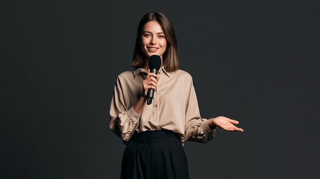 A female reporter holding a microphone and gesturing, standing in a studio against a dark grey background.