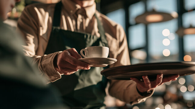 A barista or waiter serving a cup of coffee to a customer in a cafe.