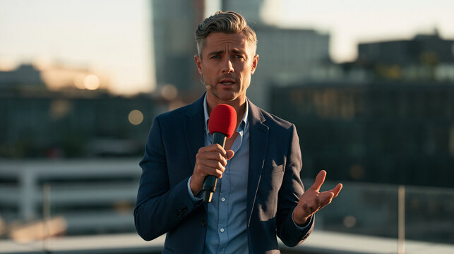 A professional male reporter holding a microphone and reporting live outdoors on a city rooftop during sunset.