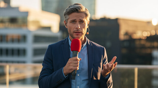 A professional male reporter holding a microphone and reporting live outdoors on a city rooftop during sunset.